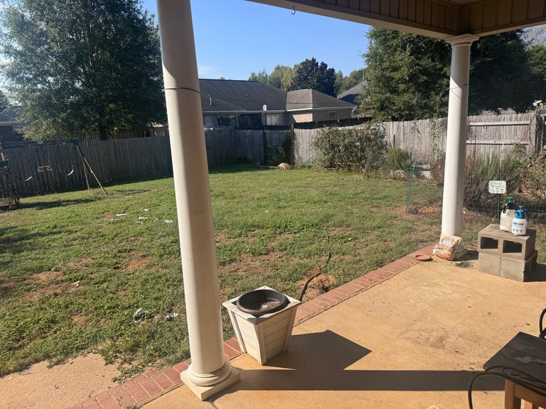 View from covered patio of spacious backyard with manicured lawn, wooden fences, and residential homes in background
