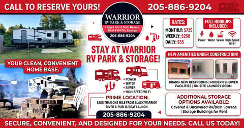 Warrior RV Park and Storage advertisement showing rates, amenities, and contact number 205-886-9204 with RV images