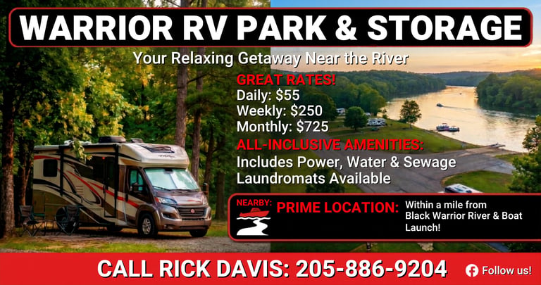 Warrior RV Park & Storage advertisement showing pricing, river location, and amenities with contact number 205-886-9204